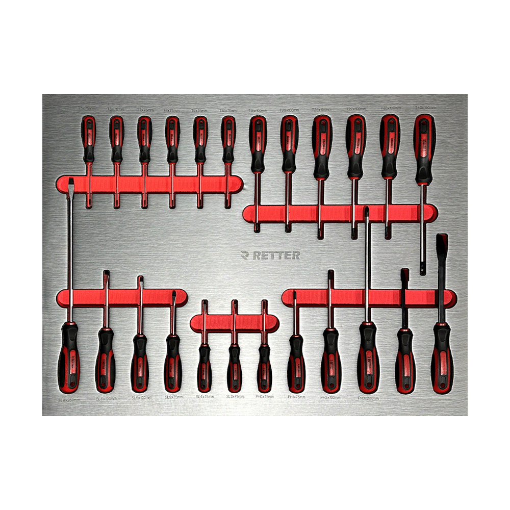 Retter R13 PRO complete set of SL, PH, and Torx screwdrivers in foam insert