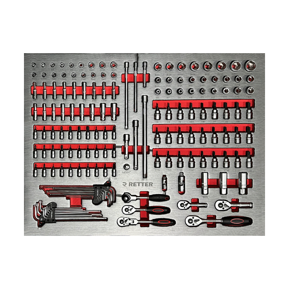Retter R13 PRO foam organiser with 1/4 and 3/8 inch socket sets and ratchet handles