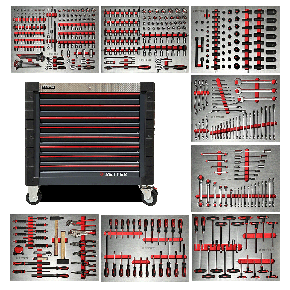 Retter R13 PRO tool cabinet with 482-piece CR-V set laid out across eight open drawers