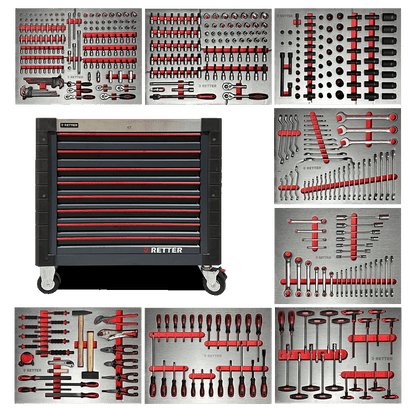 Retter R13 PRO tool cabinet with 482-piece CR-V set laid out across eight open drawers