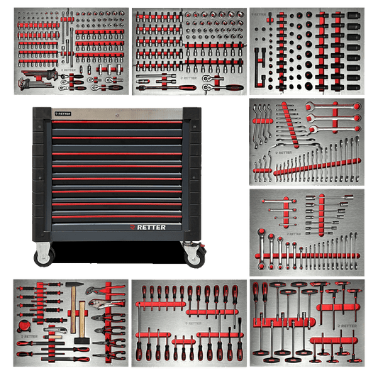 Retter R13 PRO tool cabinet with 482-piece CR-V set laid out across eight open drawers