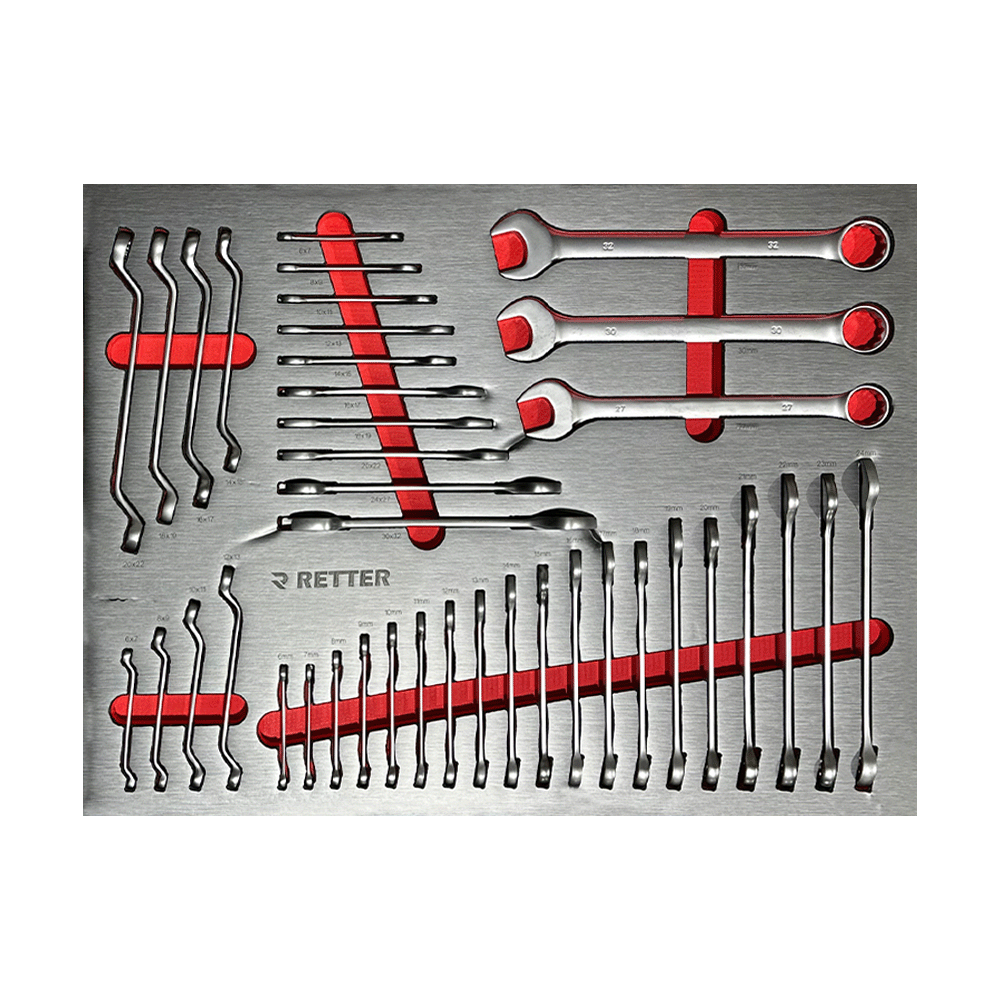 Retter R13 PRO drawer insert with full set of open-end and ring wrenches in EVA foam
