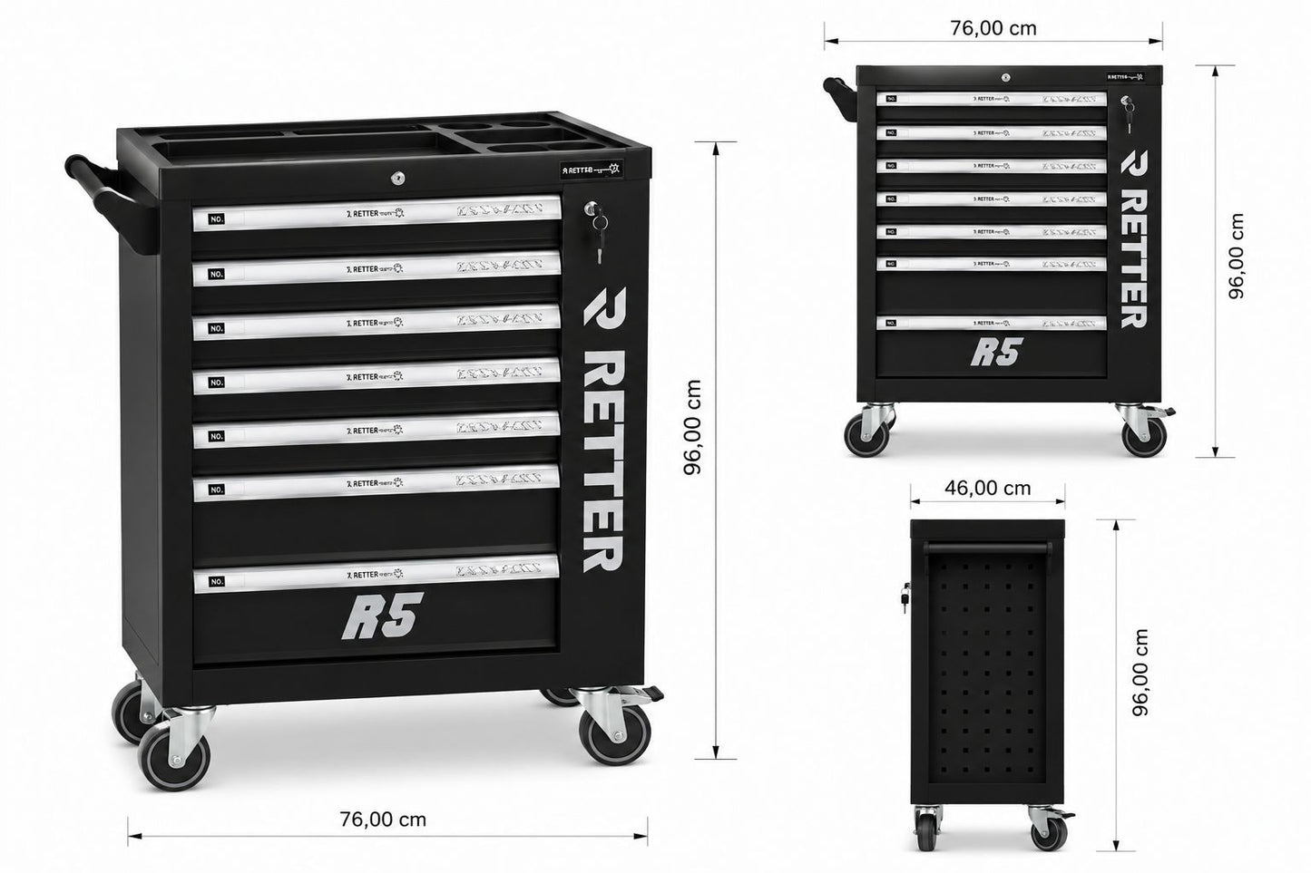 RETTER Werkzeugwagen R5 - 7 Schubladen bestückt 276-tlg. Chrom-Vanadium-Werkzeugset