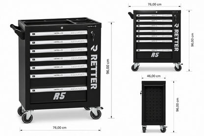 RETTER Werkzeugwagen R5 - 7 Schubladen bestückt 276-tlg. Chrom-Vanadium-Werkzeugset