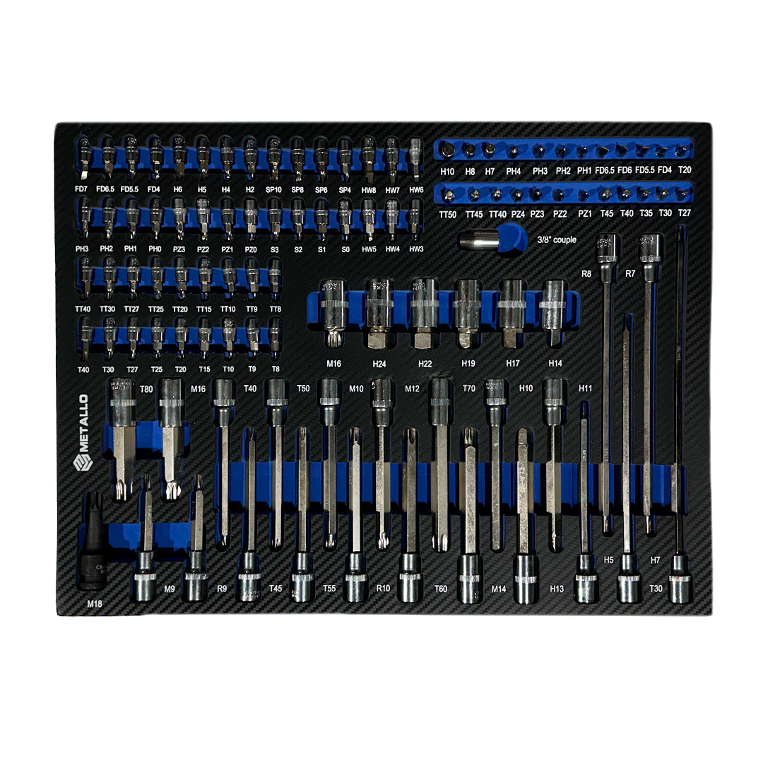 Metallo 8/8 foam insert with over 100 short and long bit-sockets