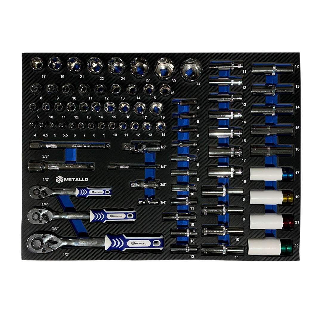 Metallo 8/8 drawer with wide socket set, extensions, joints, and three ratchets