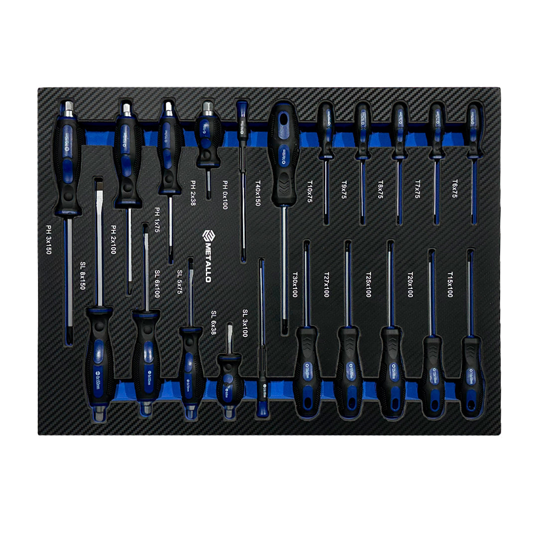 Metallo 8/8 drawer with SL, PH, and Torx screwdrivers in foam organiser