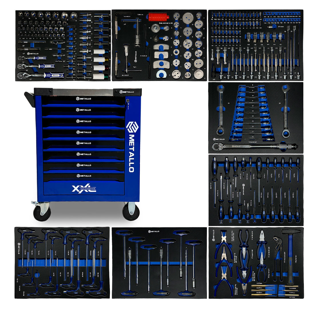 Metallo 8/8 blue tool cabinet with 291-piece CR-V set in EVA foam inserts
